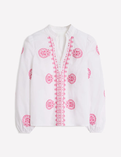 Embroidered Cotton Top-White, Pink Embroidery