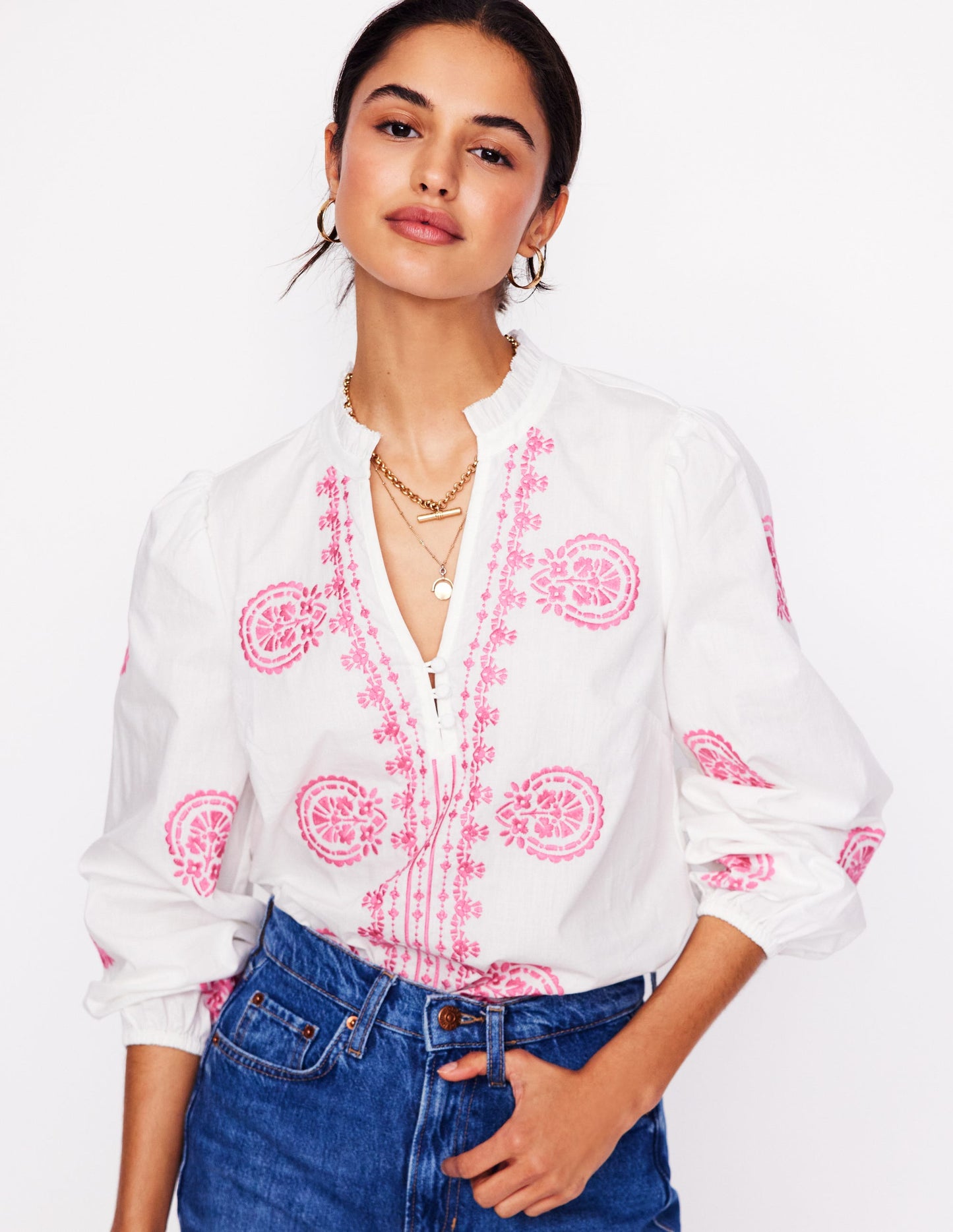 Embroidered Cotton Top-White, Pink Embroidery