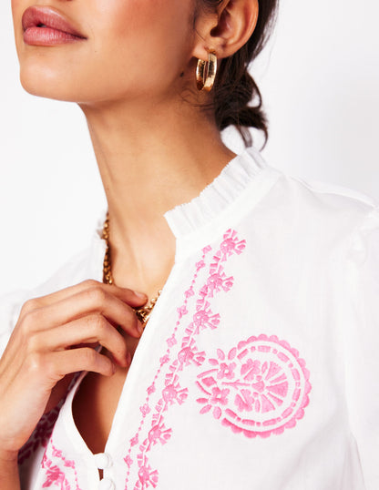 Embroidered Cotton Top-White, Pink Embroidery