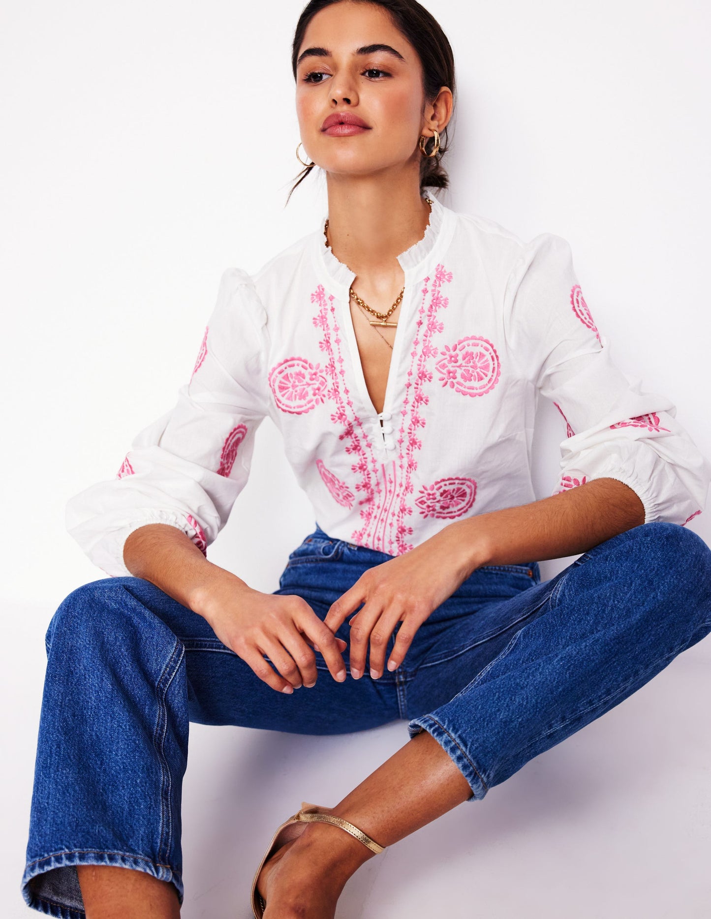 Embroidered Cotton Top-White, Pink Embroidery