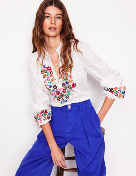 Embroidered Cotton Top-White, Multi Embroidery