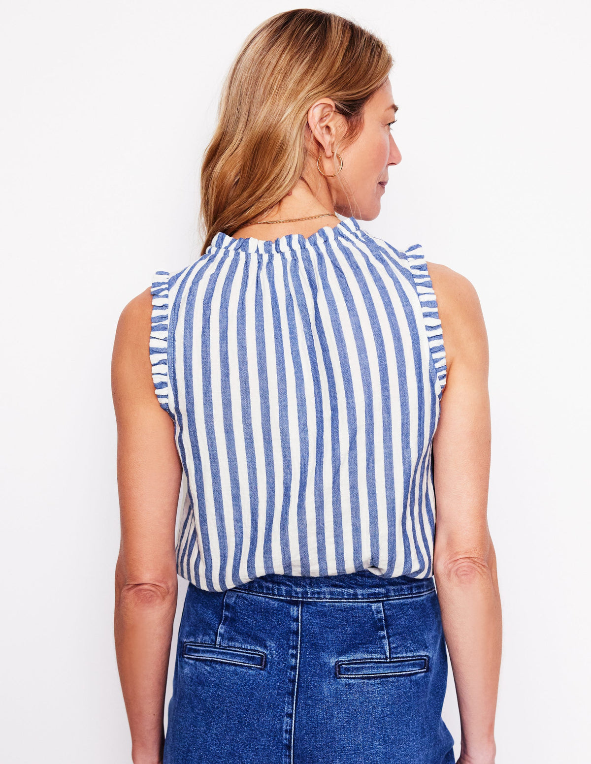 Sophie Ruffle Double Cloth Top-Bright Blue Stripe - Image 4