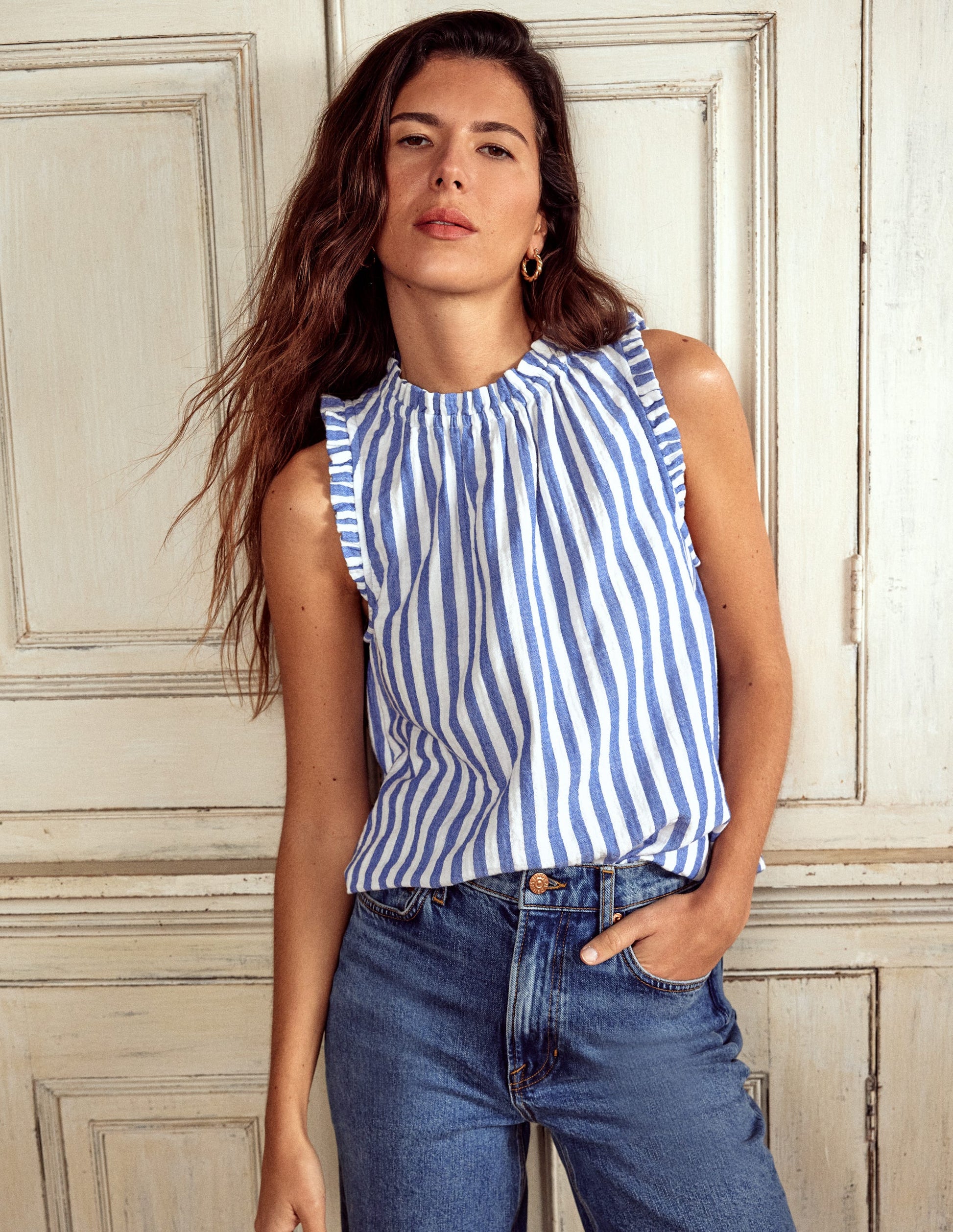 Sophie Ruffle Double Cloth Top-Bright Blue Stripe-6