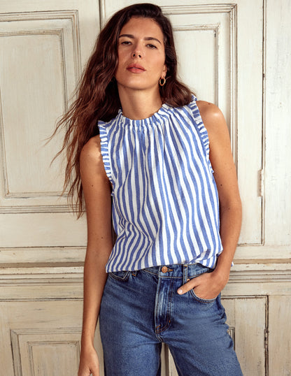 Sophie Ruffle Double Cloth Top-Bright Blue Stripe-6