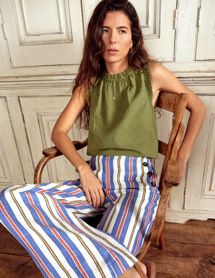 Sophie Ruffle Double Cloth Top-Olive Green