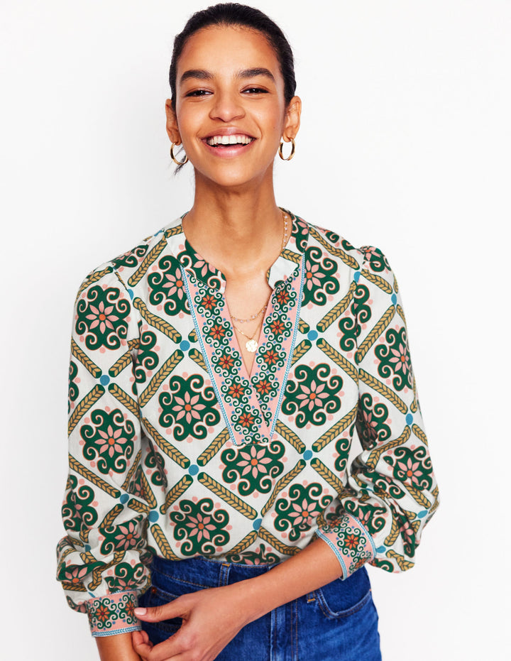 Cotton Notch Neck Top-Ivory, Baroque Tile