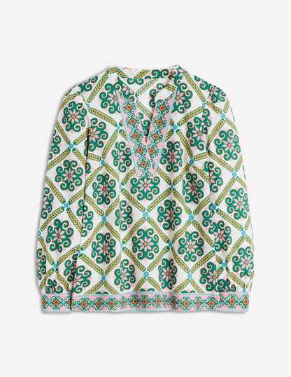 Cotton Notch Neck Top-Ivory, Baroque Tile-7