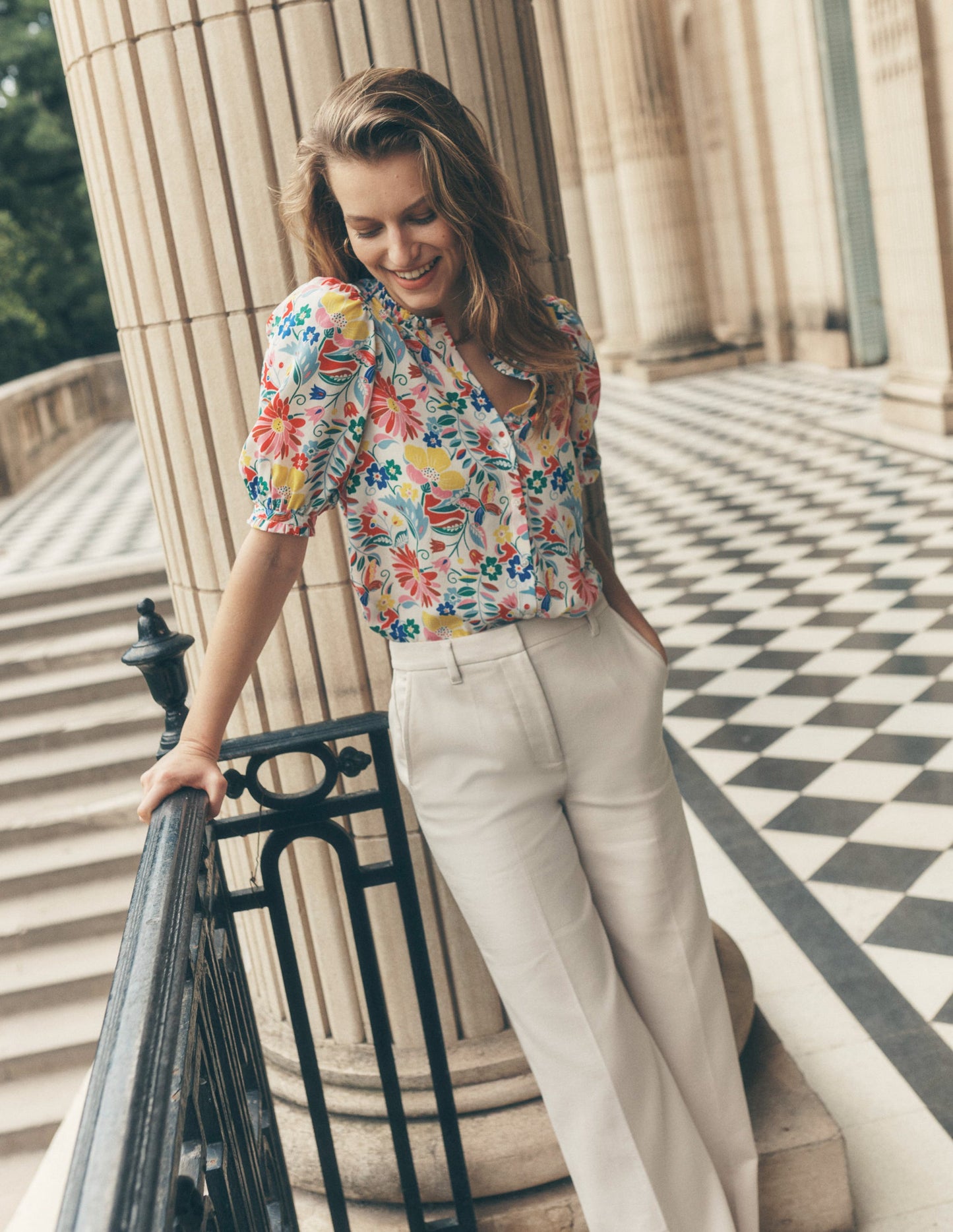 Frill Detail Silk Top-Multi, Wildflower Trail