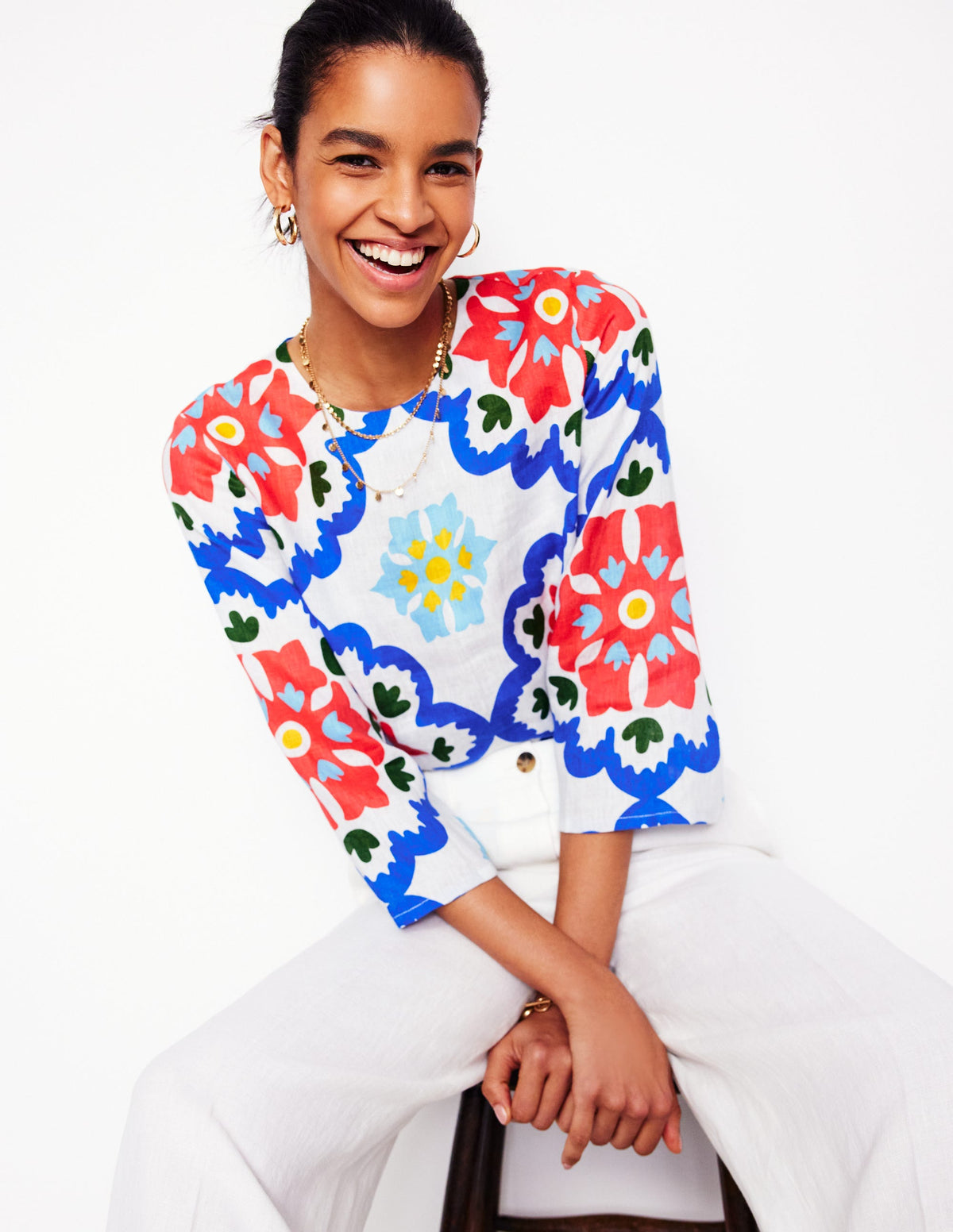Fluted Sleeve Linen Top-Ivory, Bloom Geo - Image 3