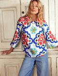 Fluted Sleeve Linen Top-Ivory, Bloom Geo