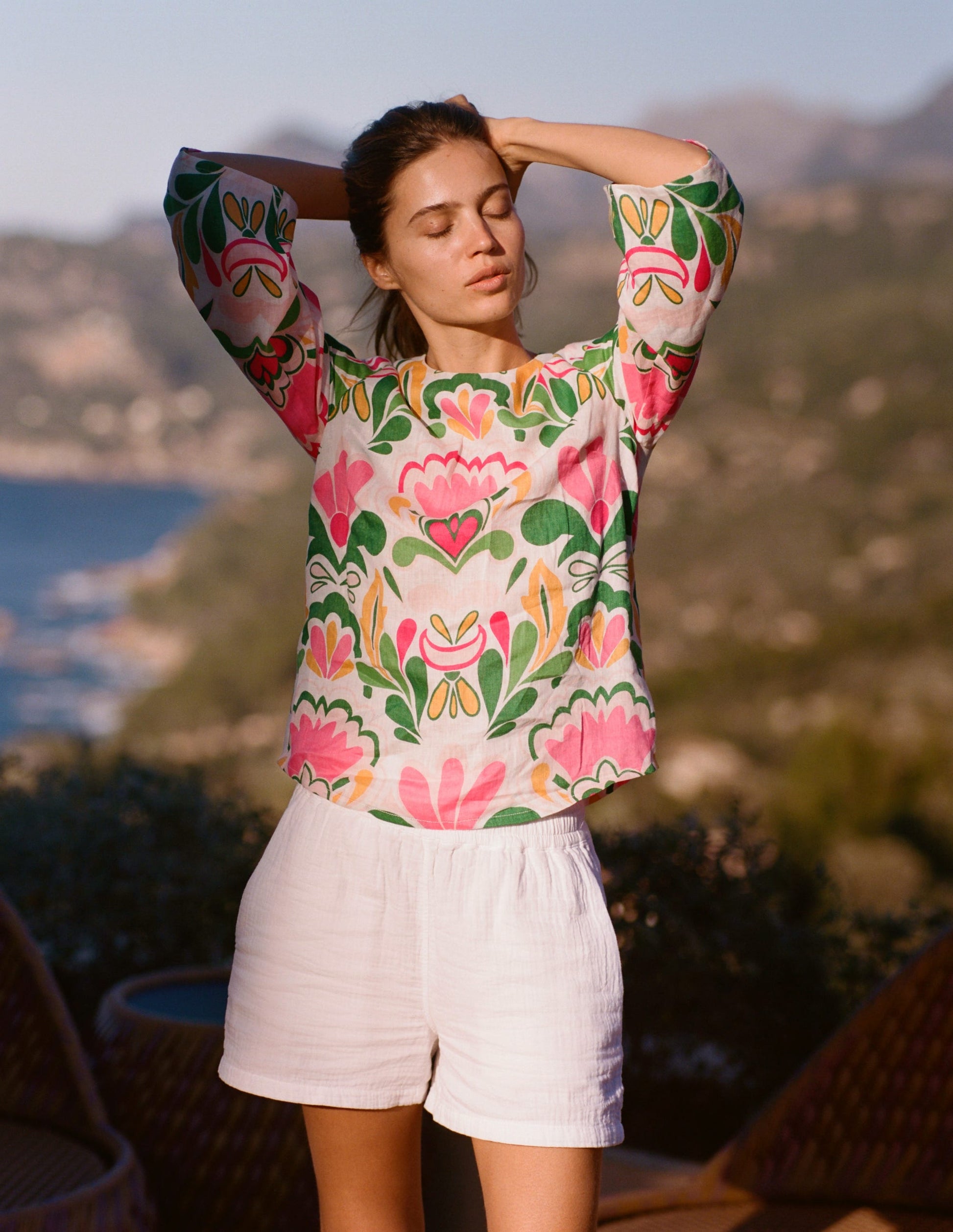 Fluted Sleeve Linen Top-Multi, Freesia Stamp-2