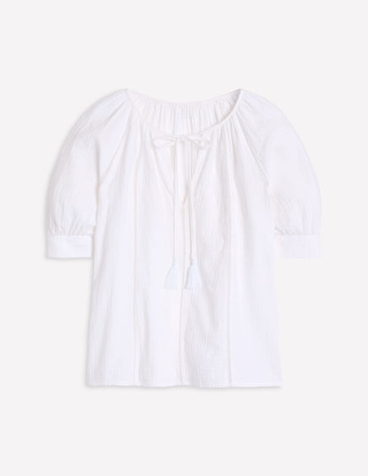 Trim Insert Double Cloth Top-White
