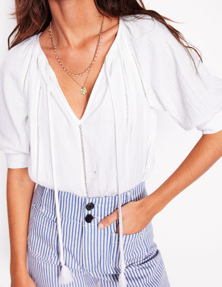 Trim Insert Double Cloth Top-White