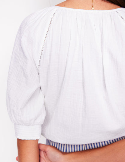 Trim Insert Double Cloth Top-White