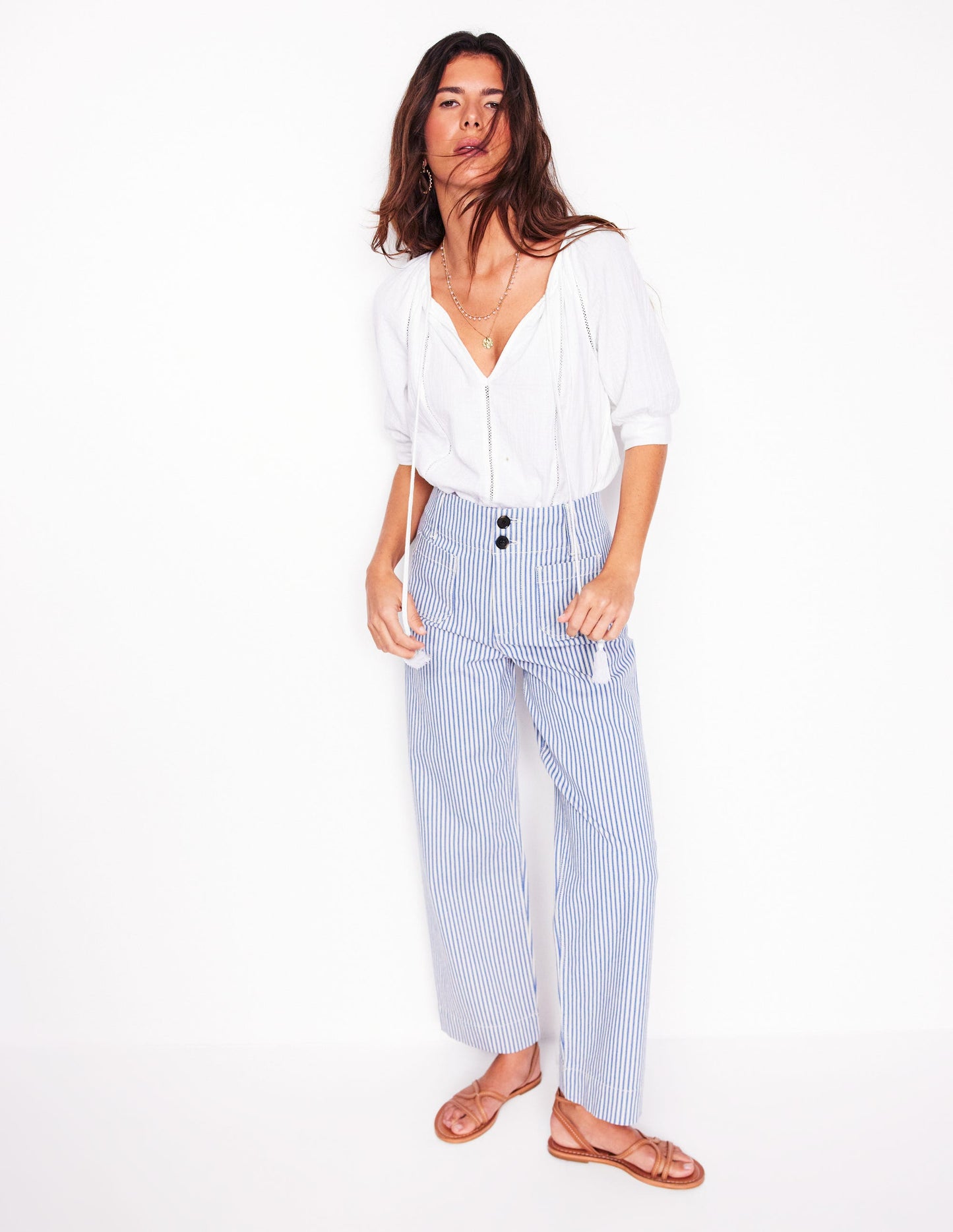 Trim Insert Double Cloth Top-White