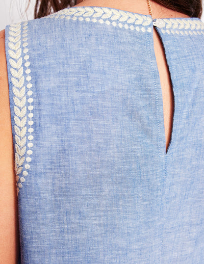 Embroidered Linen Blend Top-Chambray