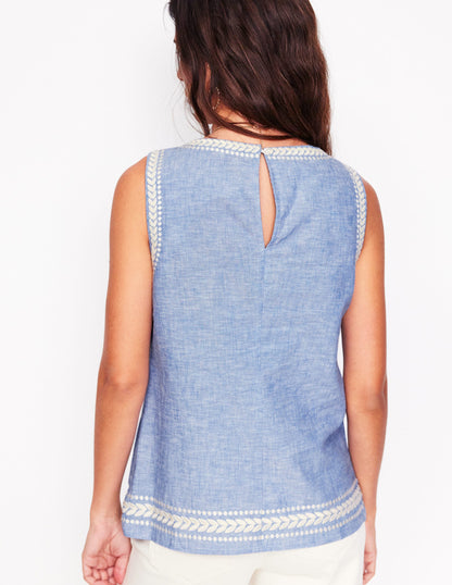Embroidered Linen Blend Top-Chambray