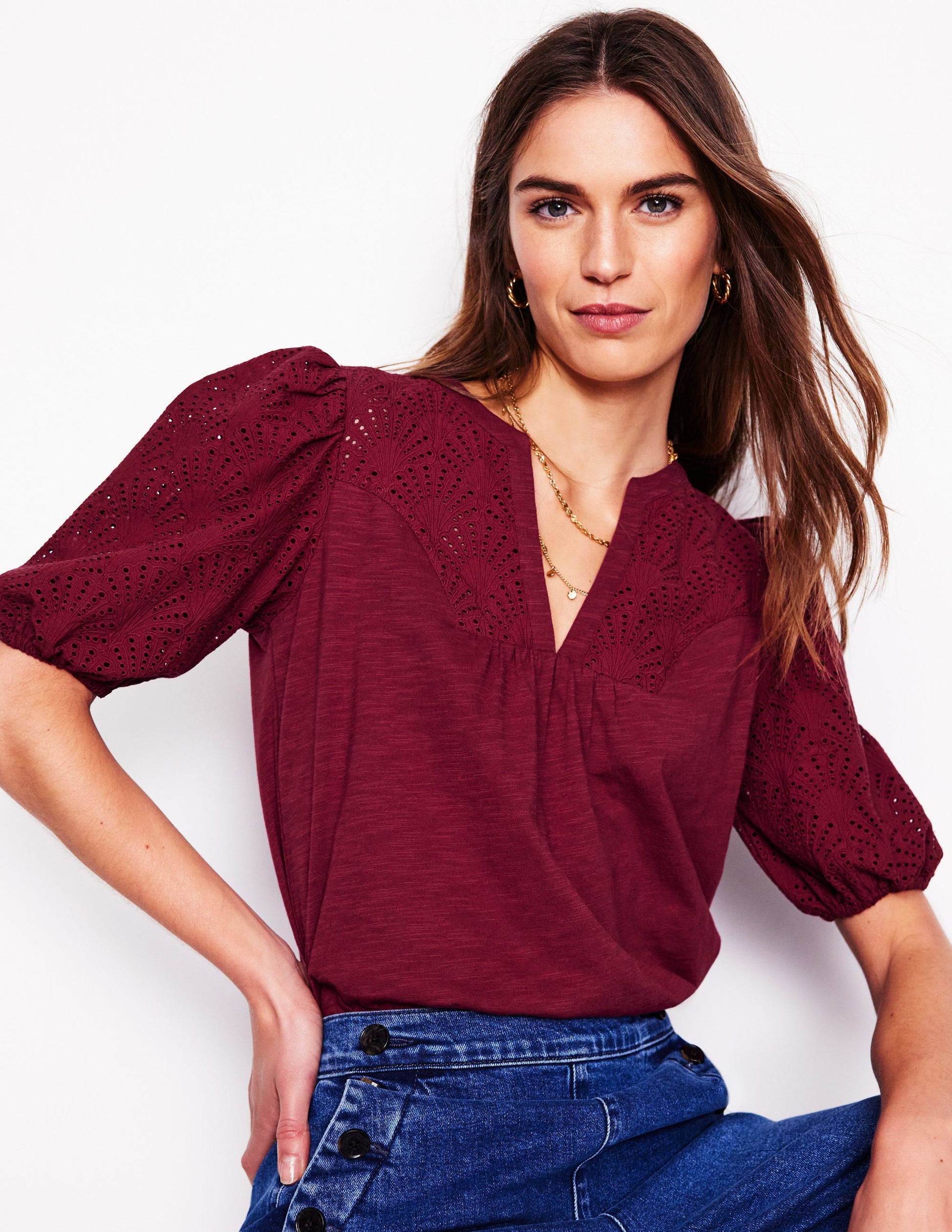 Dolly Broderie Top-Garnet Red-1