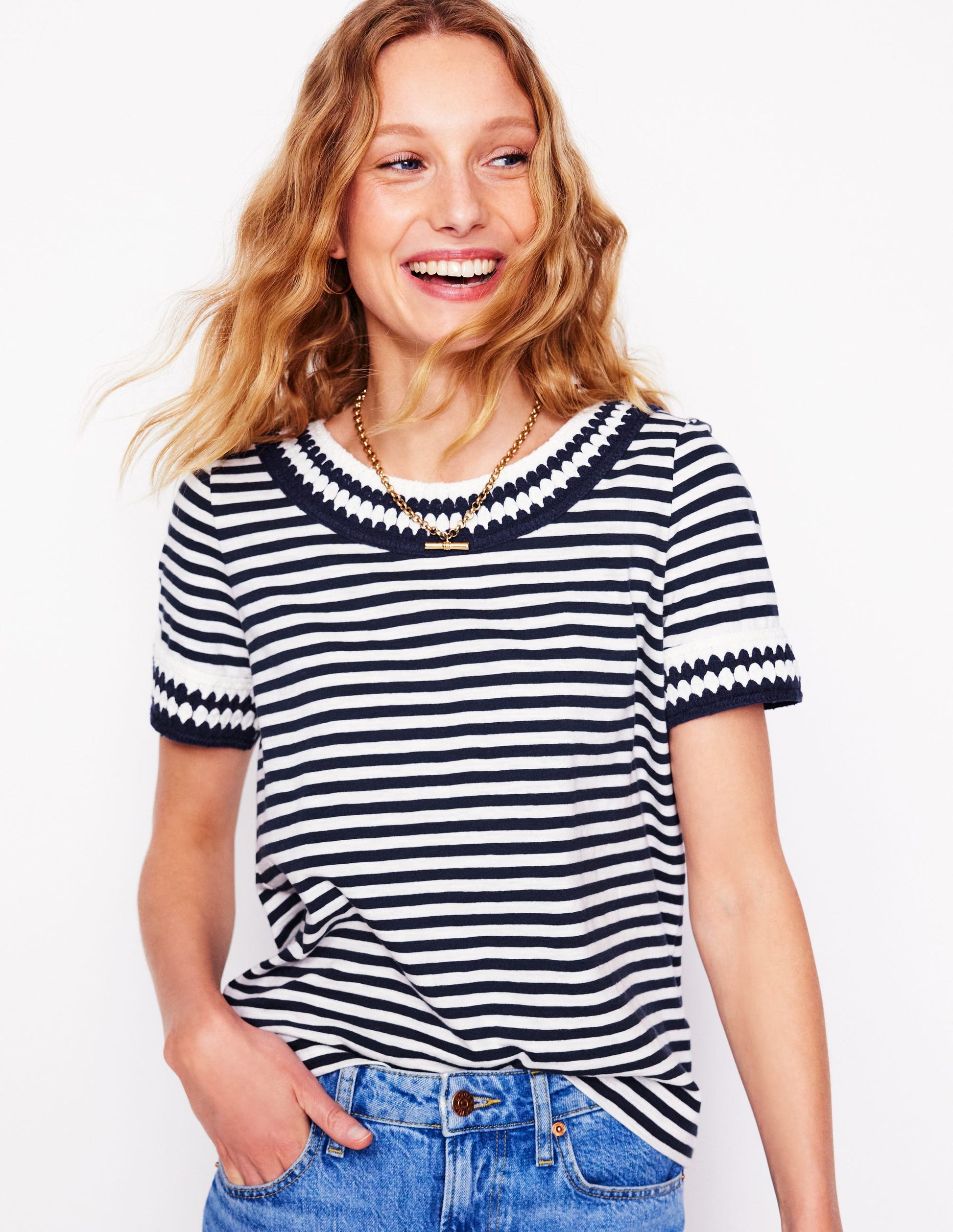 Fae Crochet T-shirt-Ivory, Navy-5