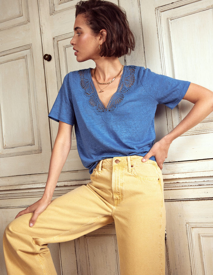 Lace Trim Linen T-shirt-Blue River