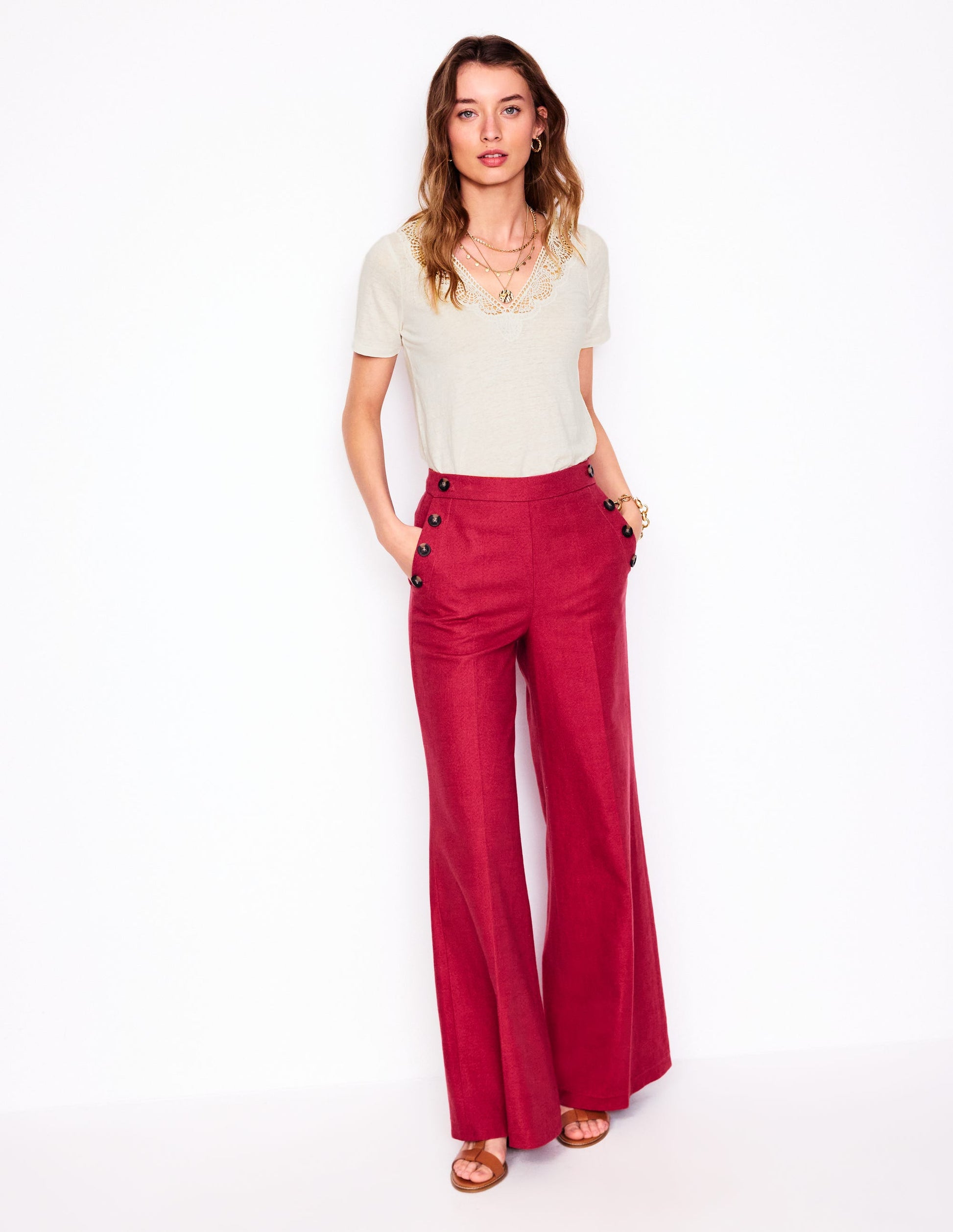 Lace Trim Linen T-shirt-Ivory-3