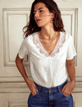 Lace Trim Linen T-shirt-Ivory