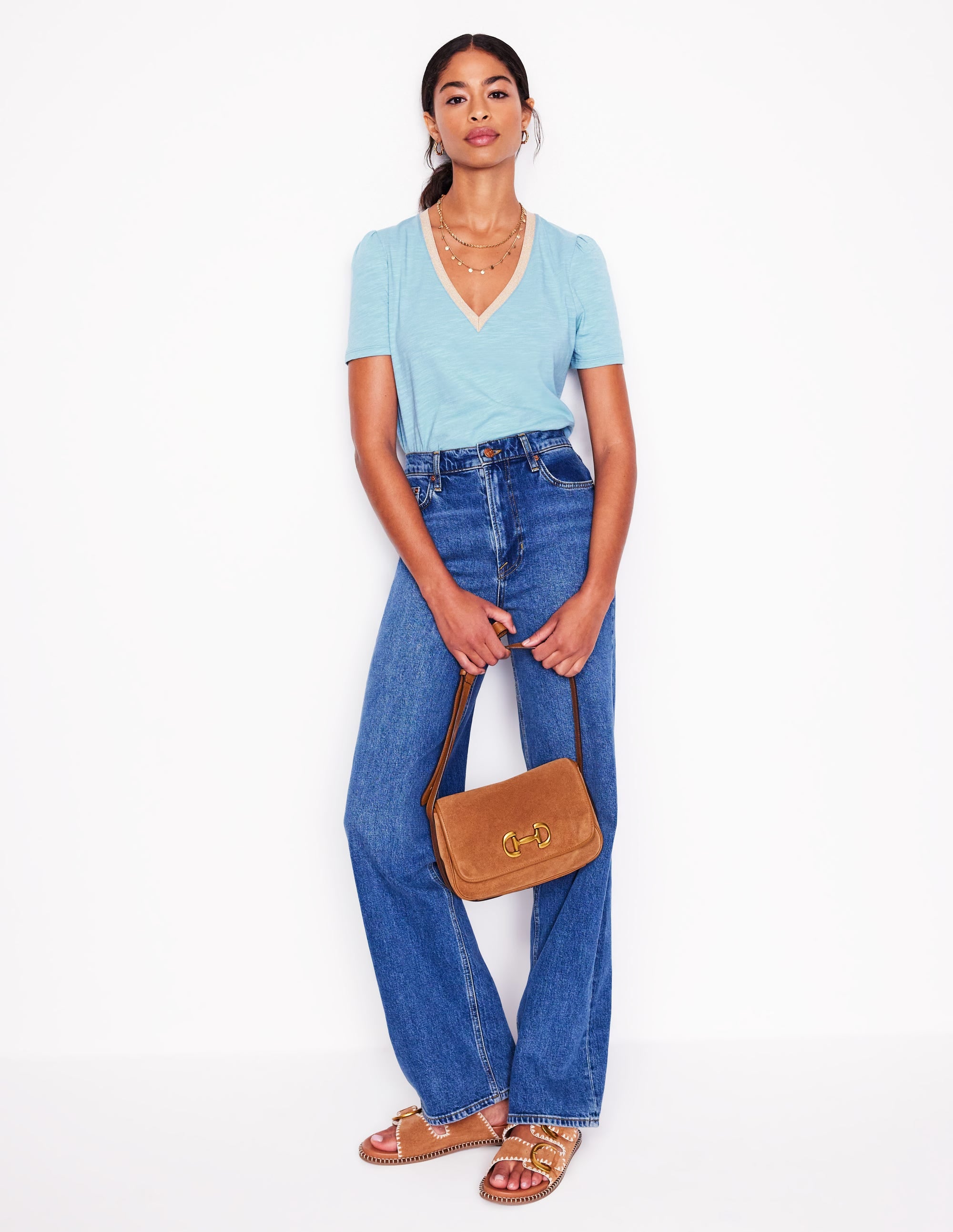Metallic Trim V Neck T-shirt-Soft Blue - Image 3