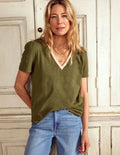 Metallic Trim V Neck T-shirt-Mayfly