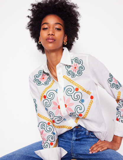 Sienna Embroidered Linen Shirt-White-3