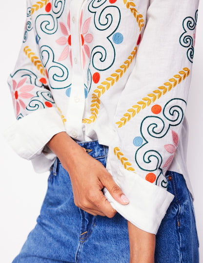 Sienna Embroidered Linen Shirt-White-4