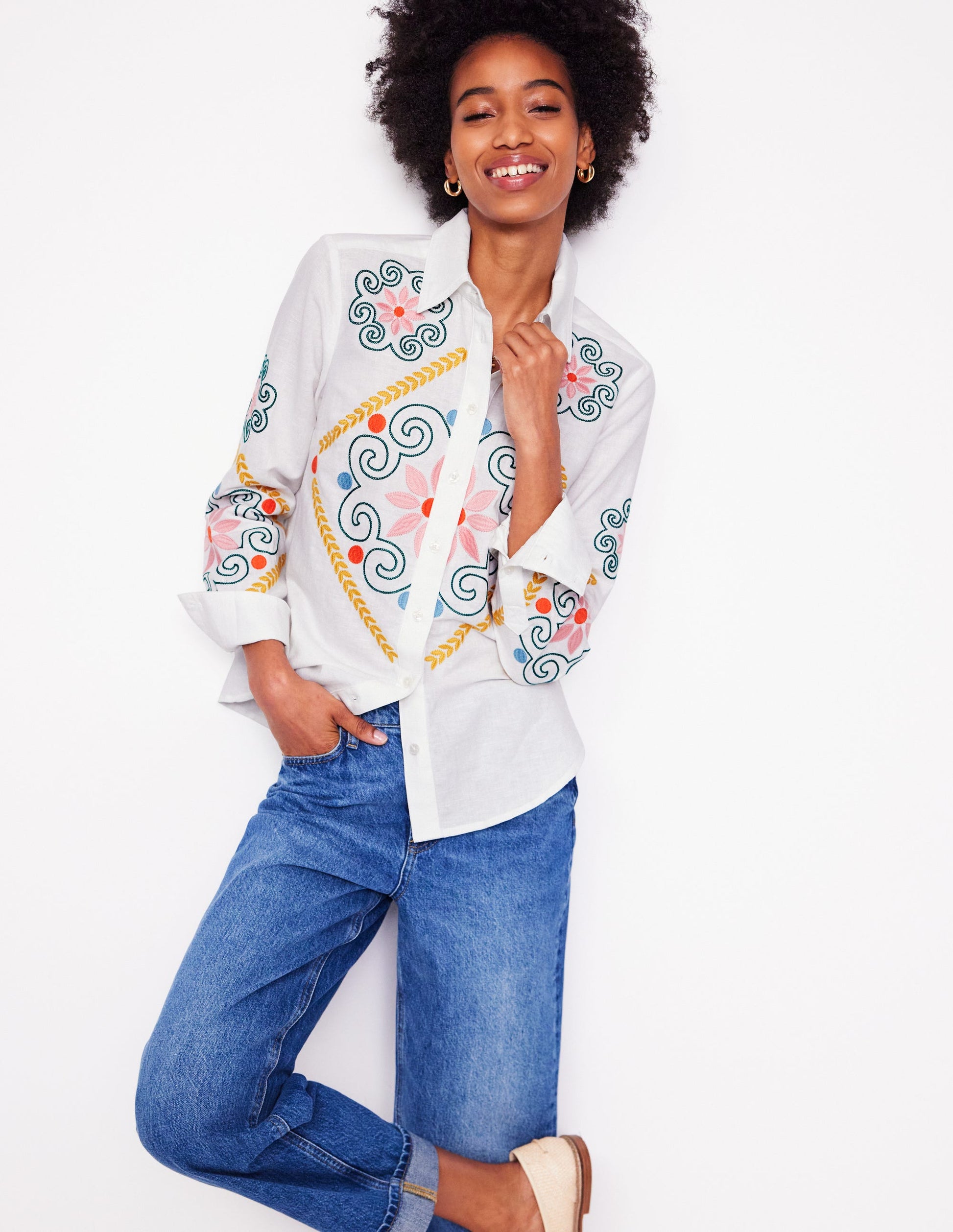 Sienna Embroidered Linen Shirt-White-7