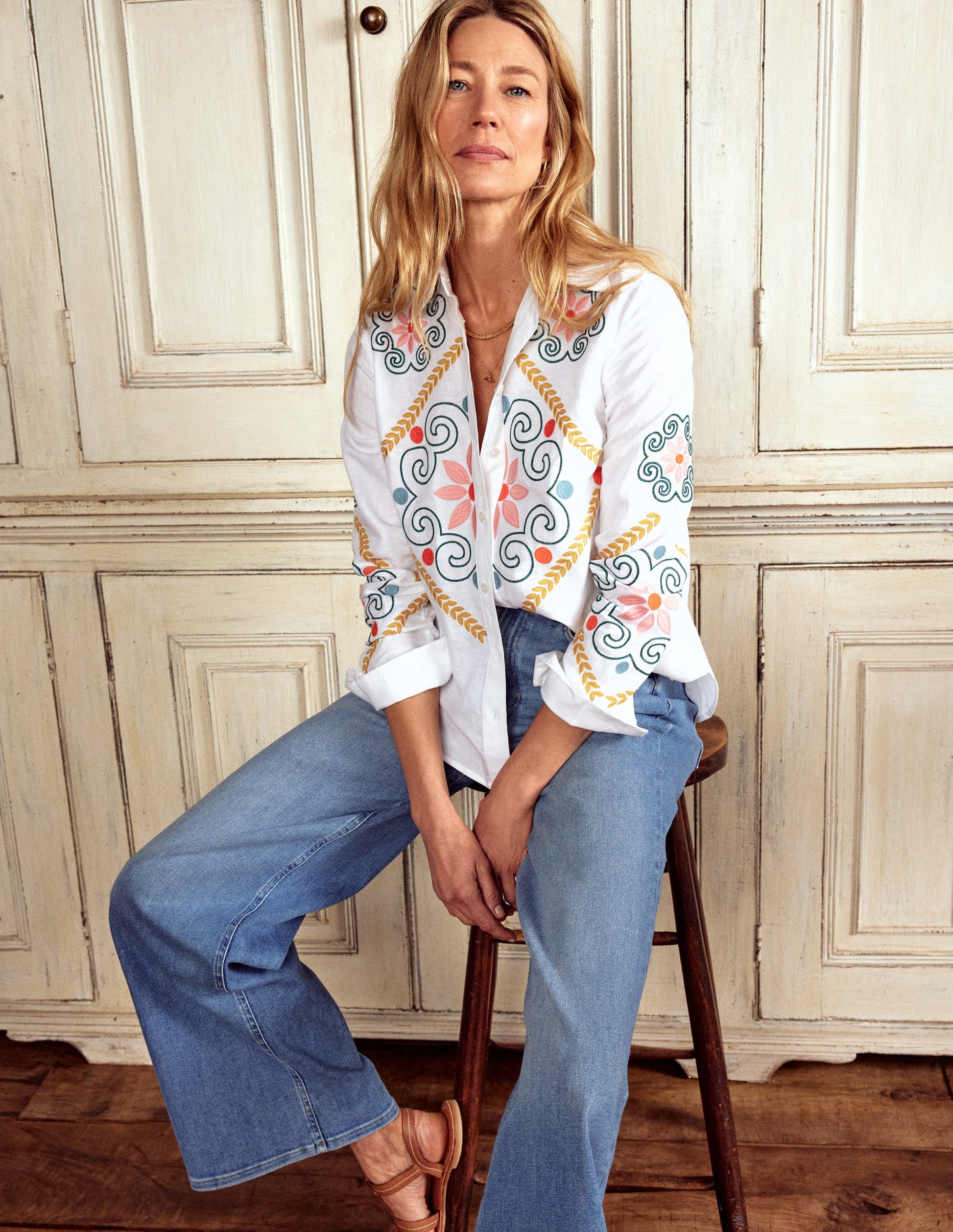 Sienna Embroidered Linen Shirt-White-1