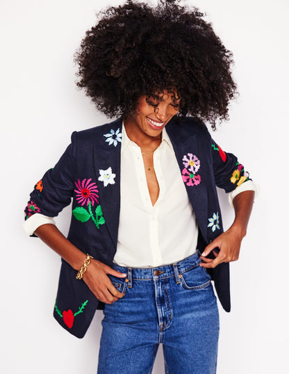 Marylebone Interest Blazer-Navy Embroidery