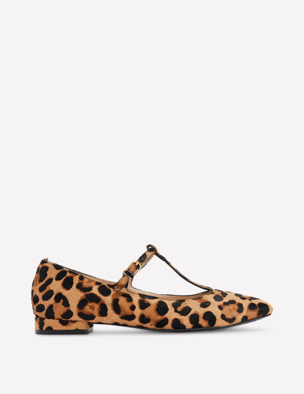 Round Toe T-Bar Flats-Leopard