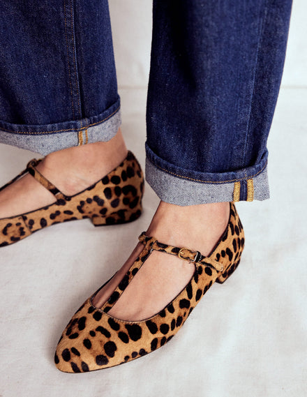 Round Toe T-Bar Flats-Leopard