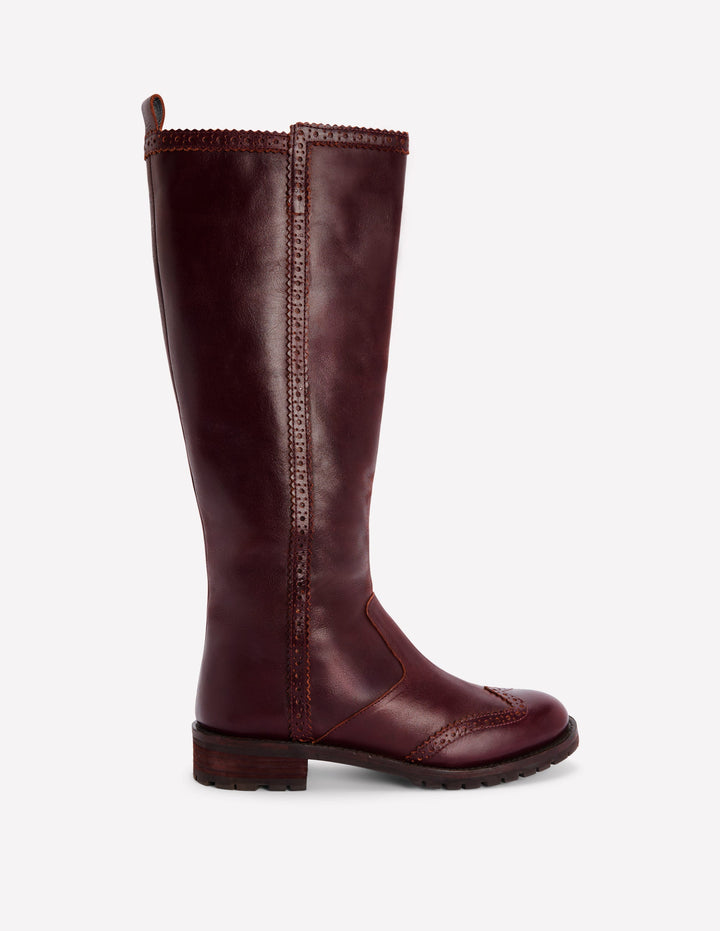 Brogue Detail Knee Boots-Oxblood