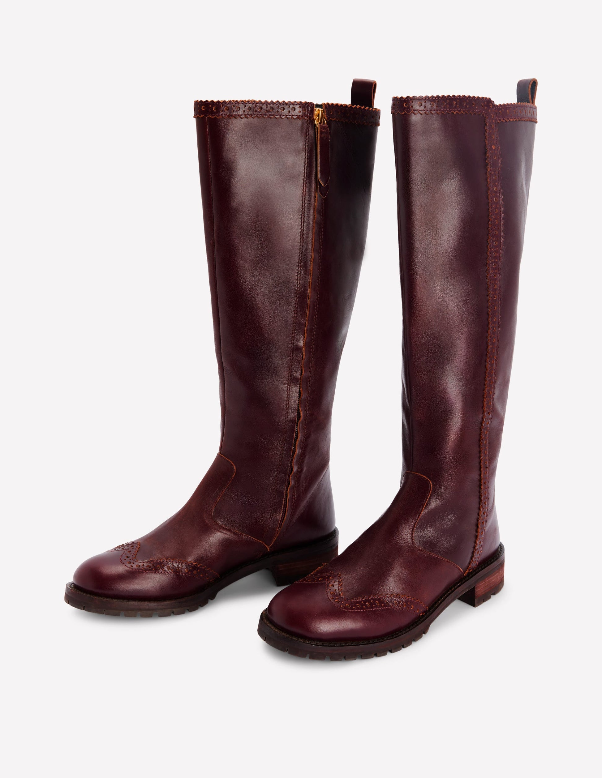 Brogue Detail Knee Boots-Oxblood-4
