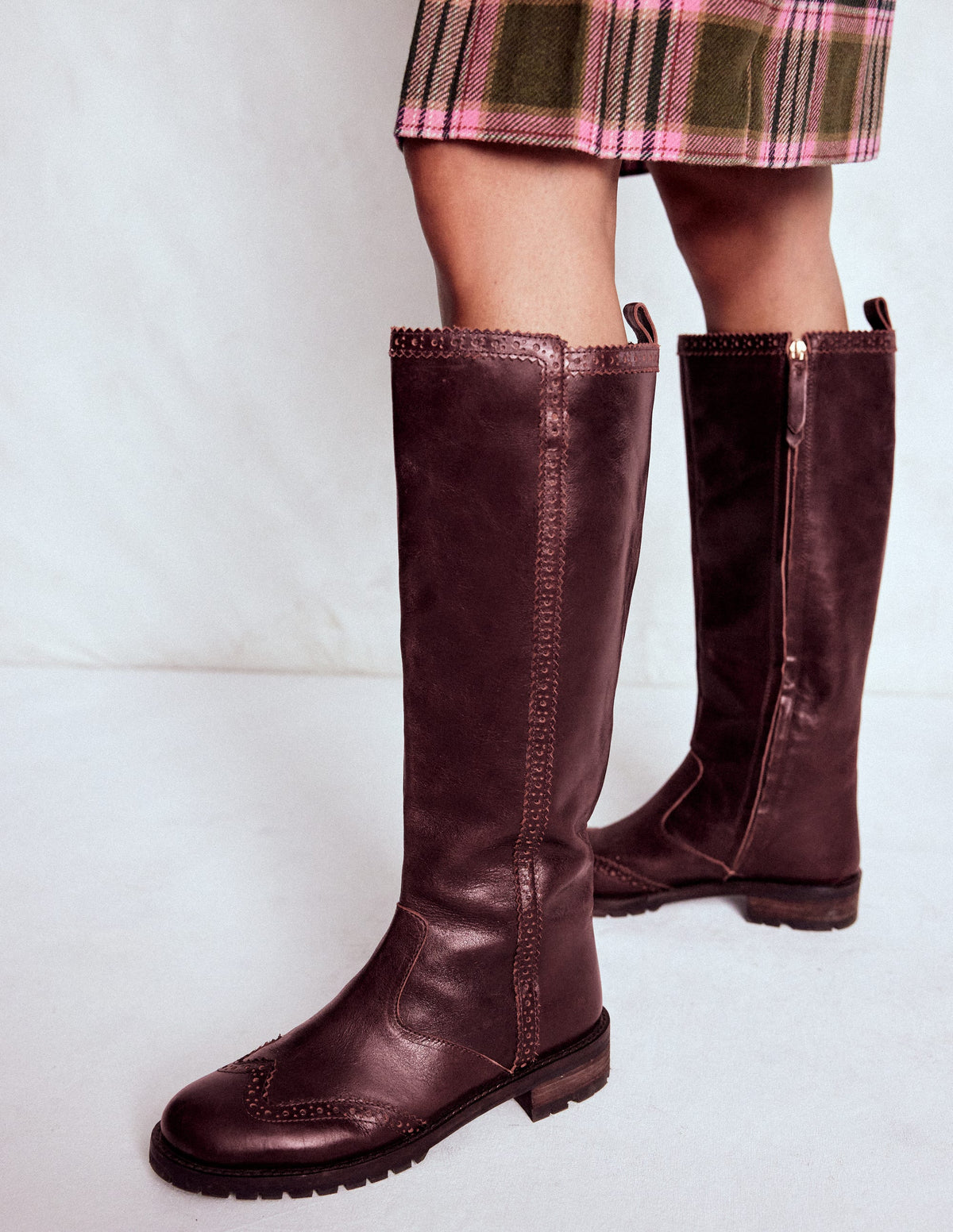 Brogue Detail Knee Boots-Oxblood - Image 3