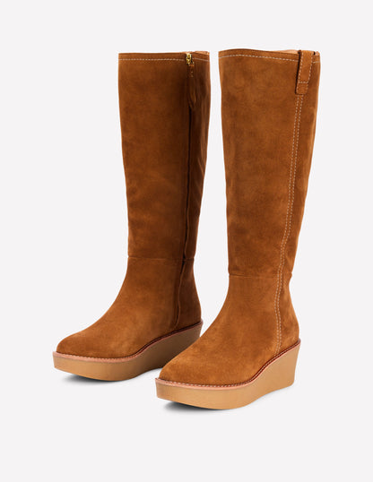 Knee High Wedge Boots-Tan-4