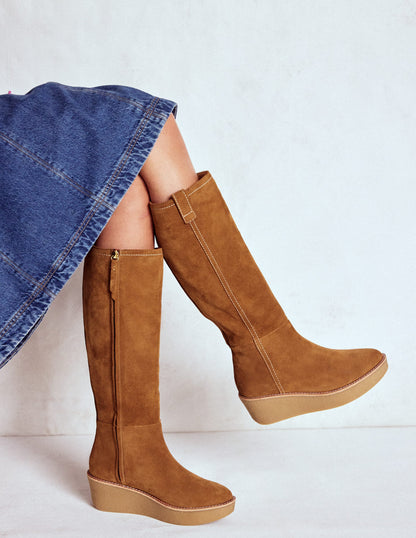 Knee High Wedge Boots-Tan-2