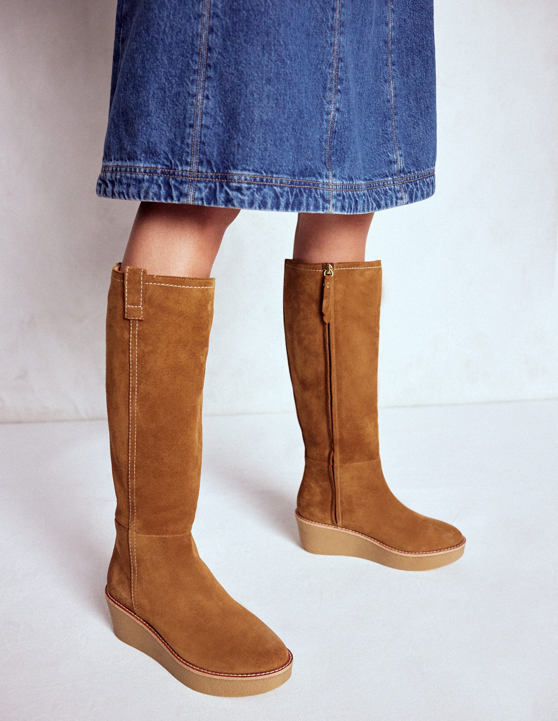 Knee High Wedge Boots-Tan-3
