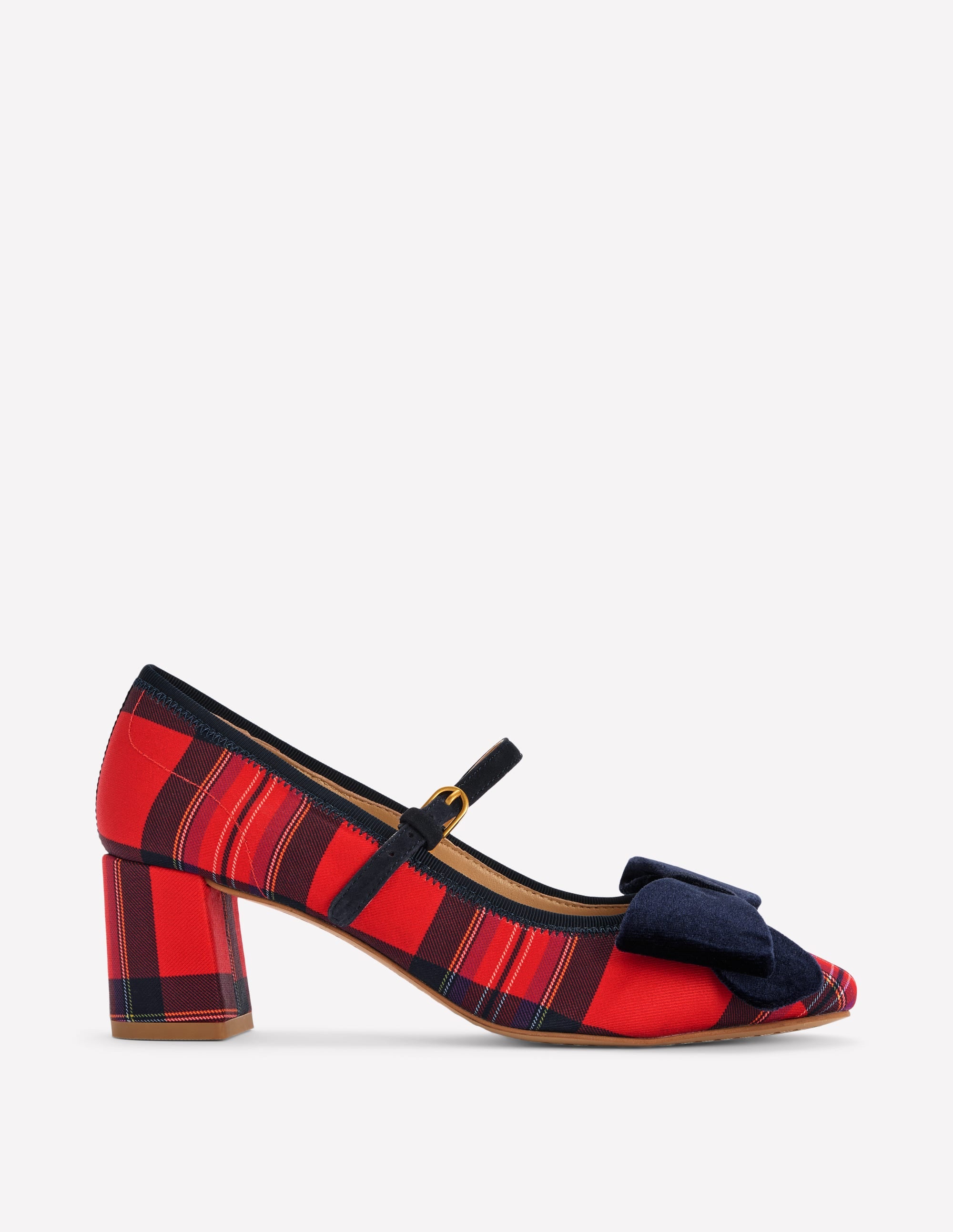 Embellished Bow Block Heels-Red Tartan - Image 1