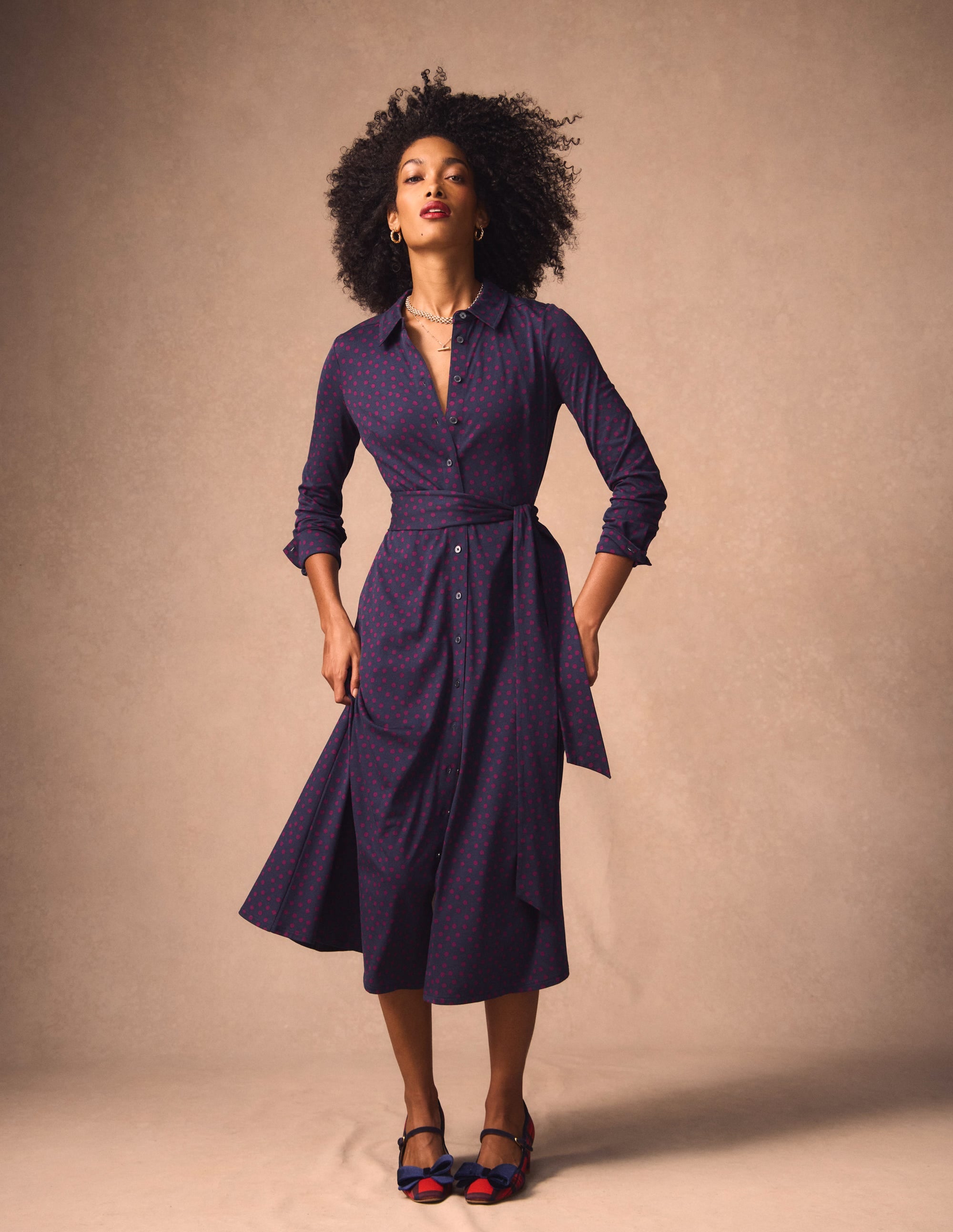 Marcia Jersey Shirt Dress-French Navy, Painted Dot - Image 1