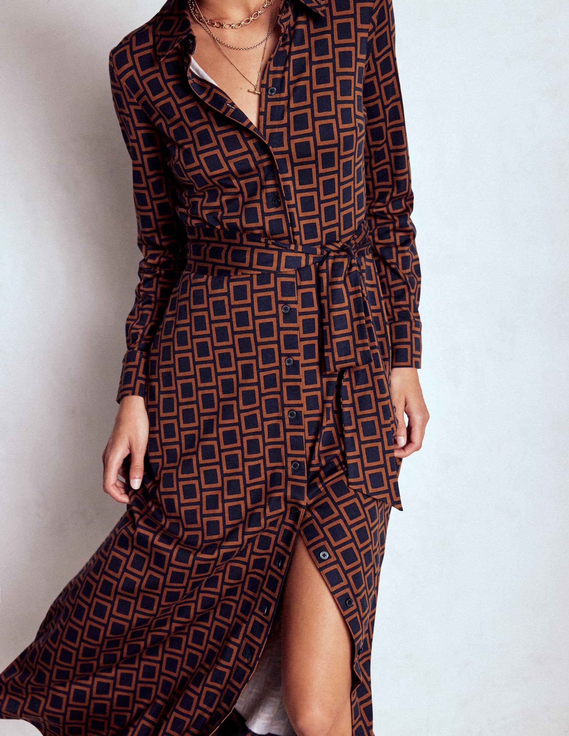 Marcia Jersey Shirt Dress-French Navy, Square Geometric-3