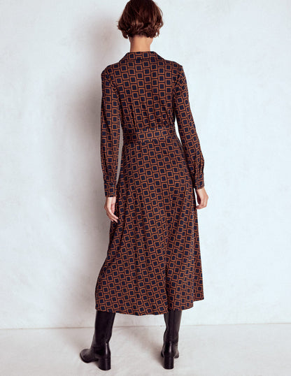 Marcia Jersey Shirt Dress-French Navy, Square Geometric-4