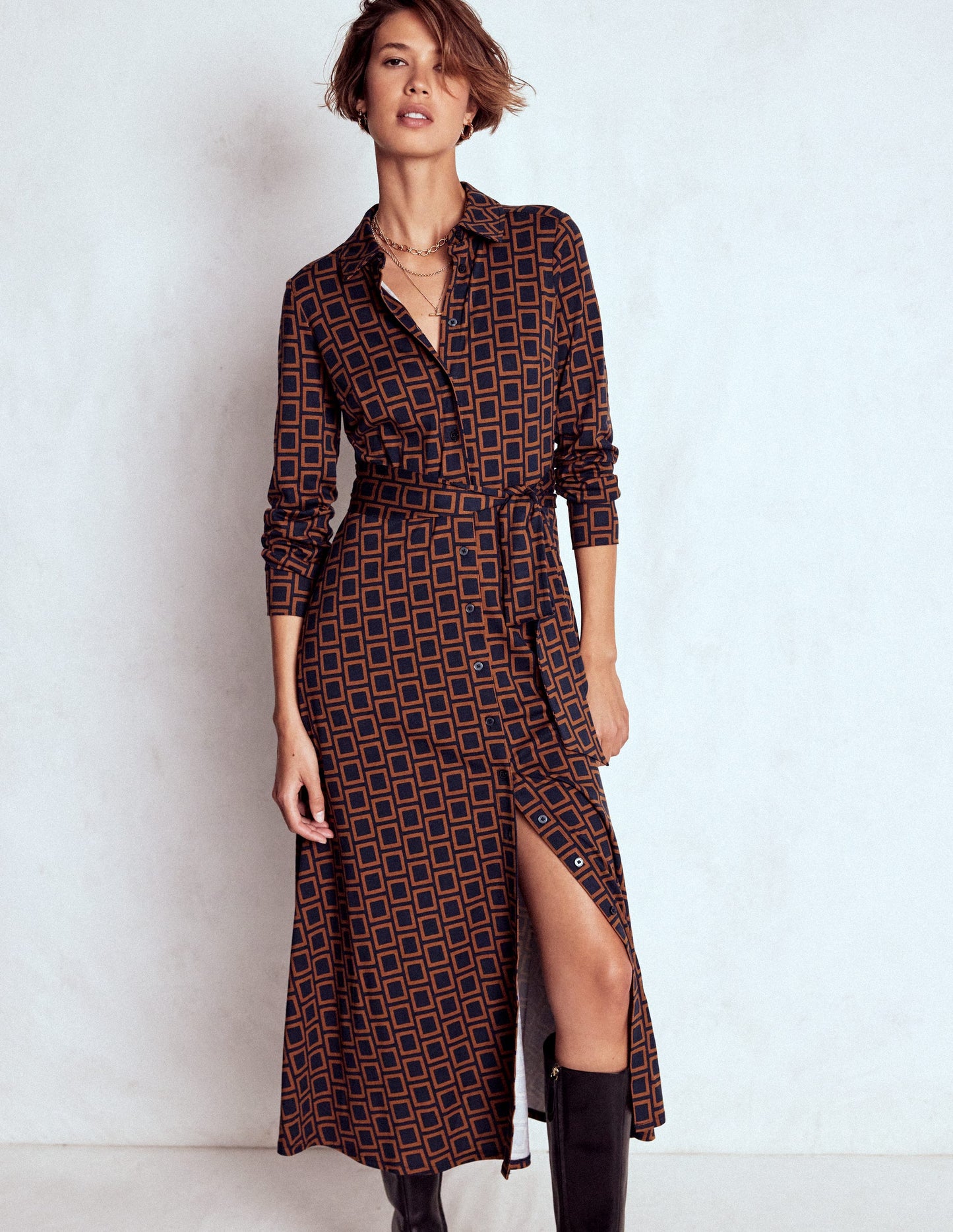 Marcia Jersey Shirt Dress-French Navy, Square Geometric