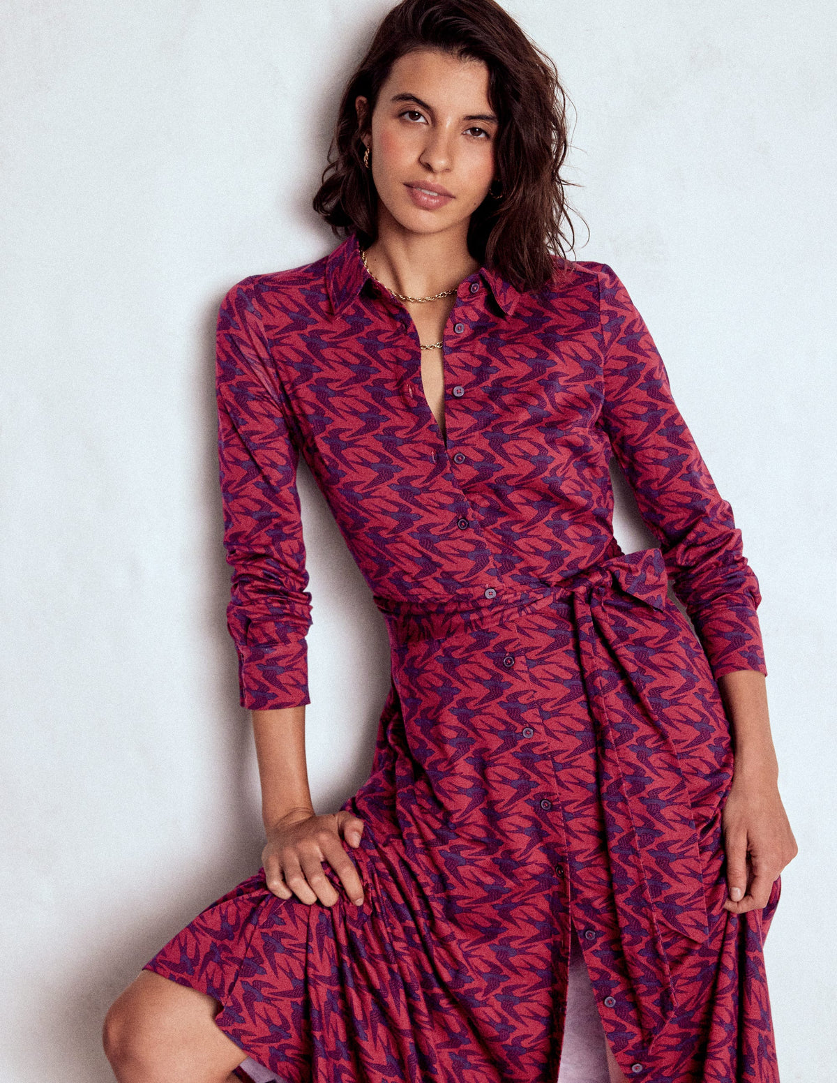 Marcia Jersey Shirt Dress-Burgundy Red, Swooping Swallow - Image 1