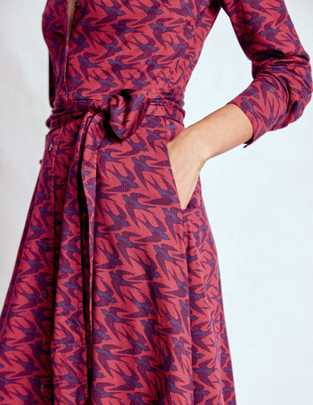 Marcia Jersey Shirt Dress-Burgundy Red, Swooping Swallow