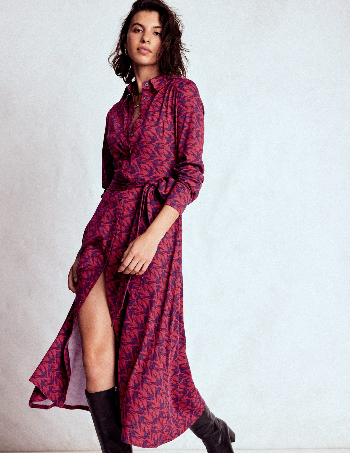Marcia Jersey Shirt Dress-Burgundy Red, Swooping Swallow - Image 4