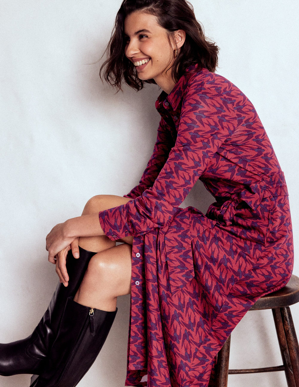 Marcia Jersey Shirt Dress-Burgundy Red, Swooping Swallow - Image 5
